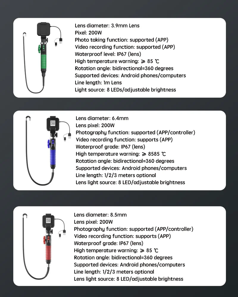 3.9mm/6.4mm/8.5mm lens 360 degree high-definition industrial endoscope 1080P 200W pixel auto repair detector for Android/PC