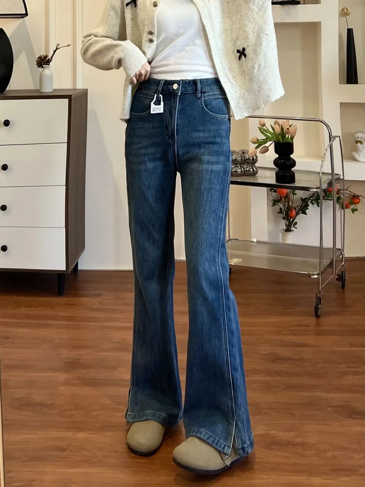 

Джинсы женские больших размеров в американском ретро-стиле с разрезами, расклешенные, осенне-зимние, свободные, прямые, широкие, модель «Копытце»