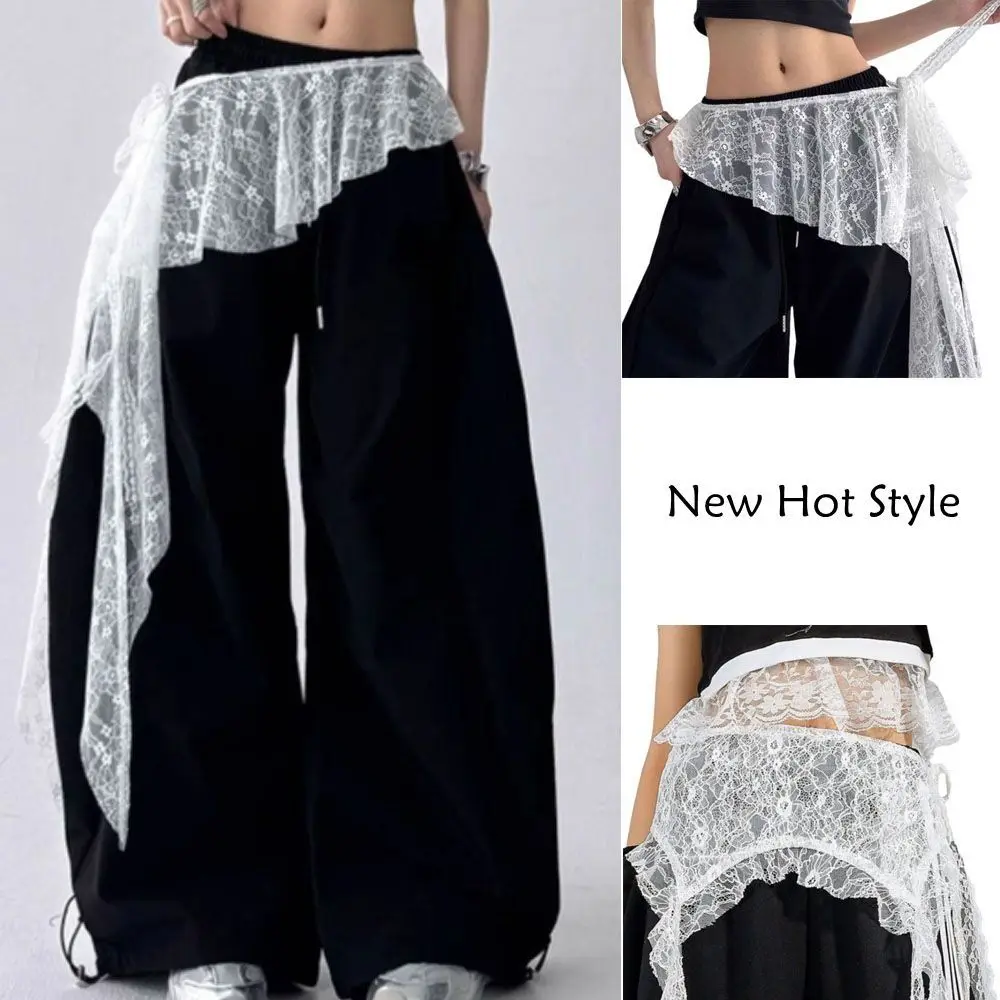 Embroidered Flower Lace Mini Skirt Irregular Y2K Streetwear Ruched Skirts See Through High Waist Lace Up Ruffles Skirt