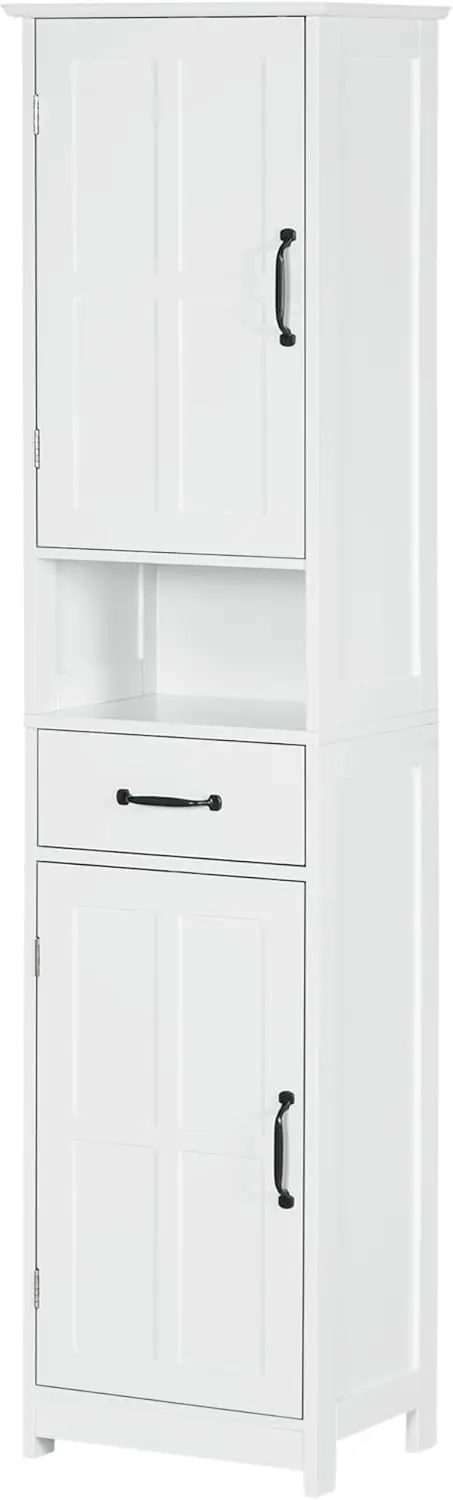 Storage Cabinet, Tall Bathroom Cabinet, Linen Tower with Open Shelf, Drawer, Recessed Doors, and Adjustable Shelves, White