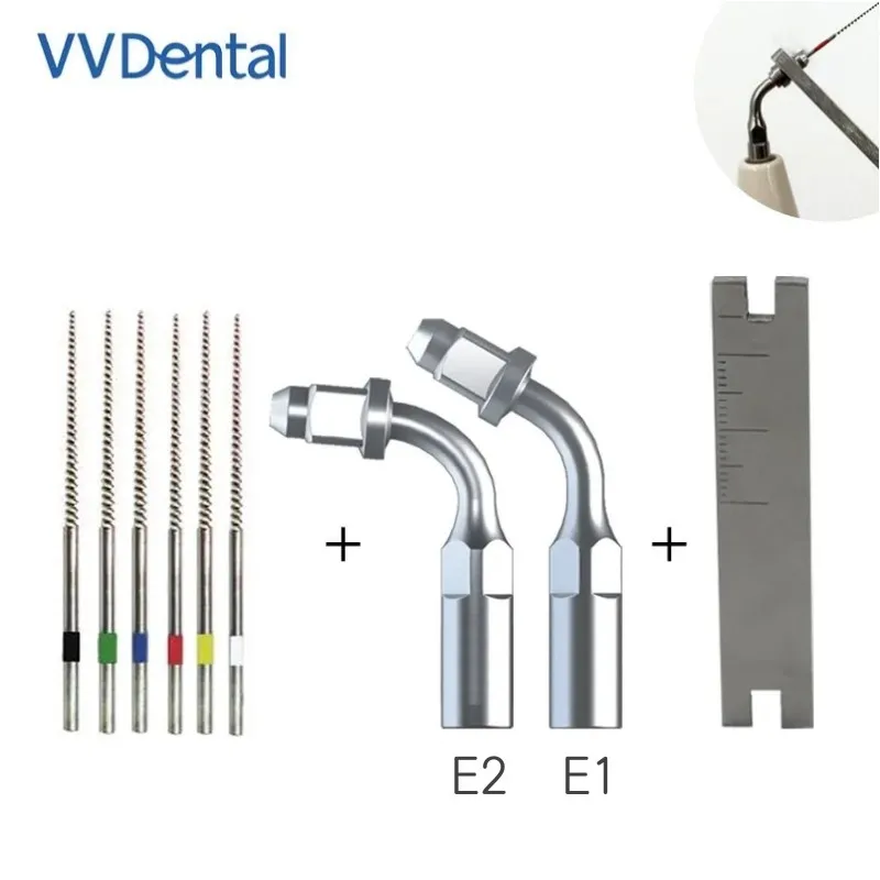 VVDental Ultrasonic Scaler Endo Tips Set E1 E2 for EMS\Woodpecker Endodontics with Dental Wrench and 6pcs Root Canal Files Tools