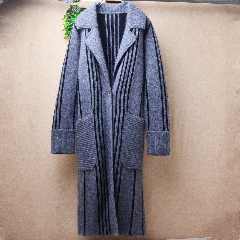 Fashion Ladies Women Autumn Winter Striped Angora Rabbit Hair Knitted Long Sleeves Suit Collar Loose Long Sweater Cardigan Coat