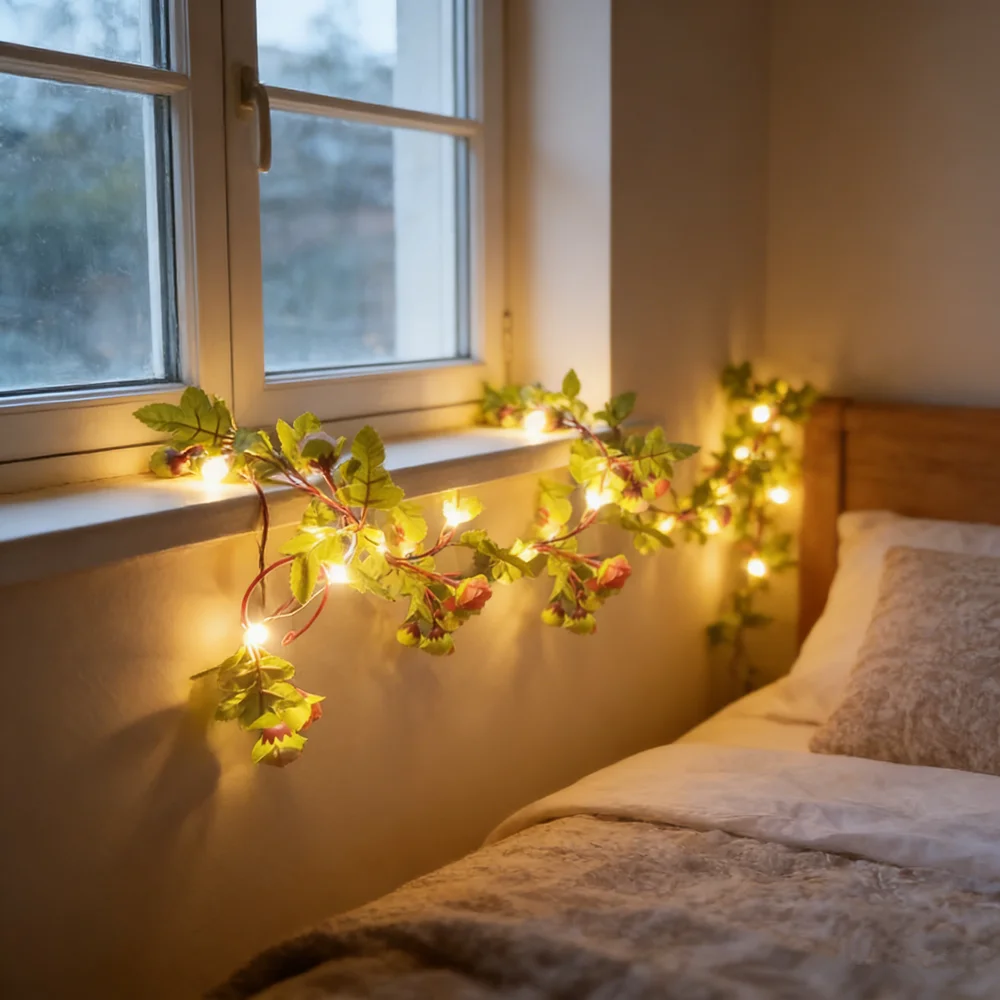 Garden Decoration Battery Powered 5M/2M Green Leaf Flower Fake Plants LED String Light for Wall Christmas Birthday Wedding Room