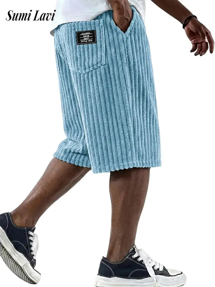 

Vintage Solid Color Corduroy Bottoms Mens Spring Summer Daily Leisure Loose Straight Shorts For Men Fashion Knee-length Shorts