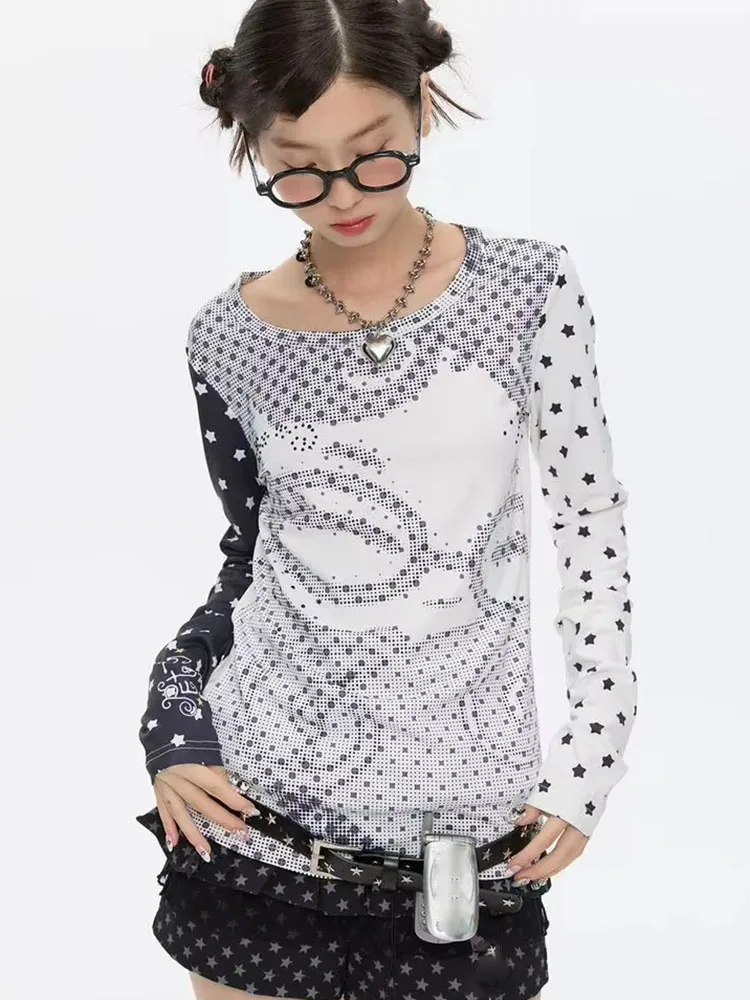 T-shirts à manches longues esthétique Y2k pour femmes, imprimé anime à pois, patchwork, coupe ajustée, hauts d'automne, t-shirts vintage Harajuku Ins