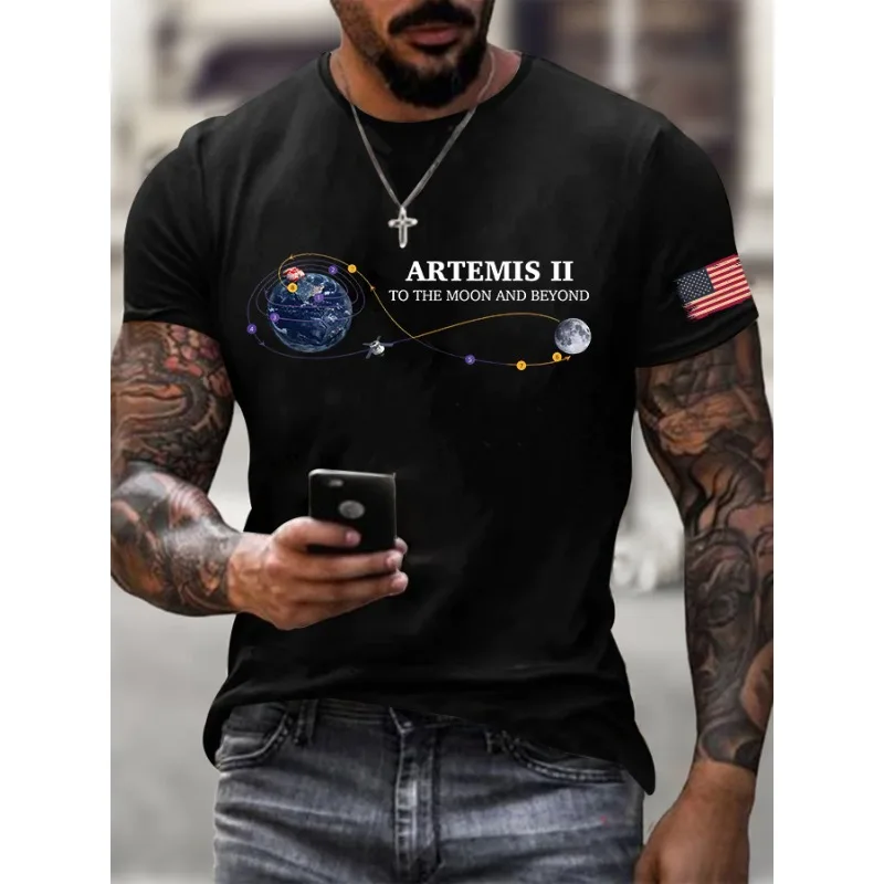 Men's Artemis II To The Moon And Beyond Print T-Shirts Summer Short Sleeve Casual Tops Round Neck Tees