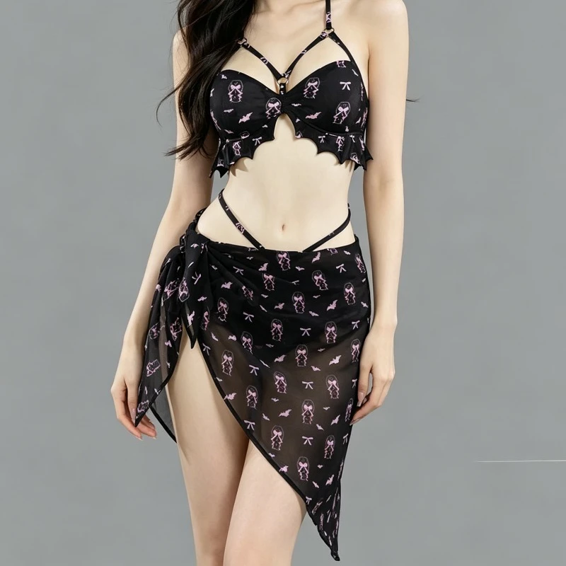 Dark Gothic Halter Neck Bikini Swimsuit, Alternative Subculture Sweet Cool Unique Indie Design Cosplay Outfit For Beach Party
