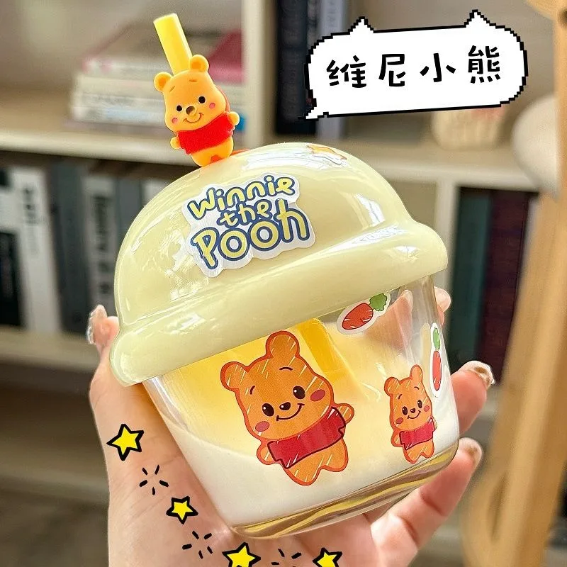 Cute cartoon Lotso Winnie the Pooh Alien high-value mini portable high temperature resistant straw glass cup daily necessities