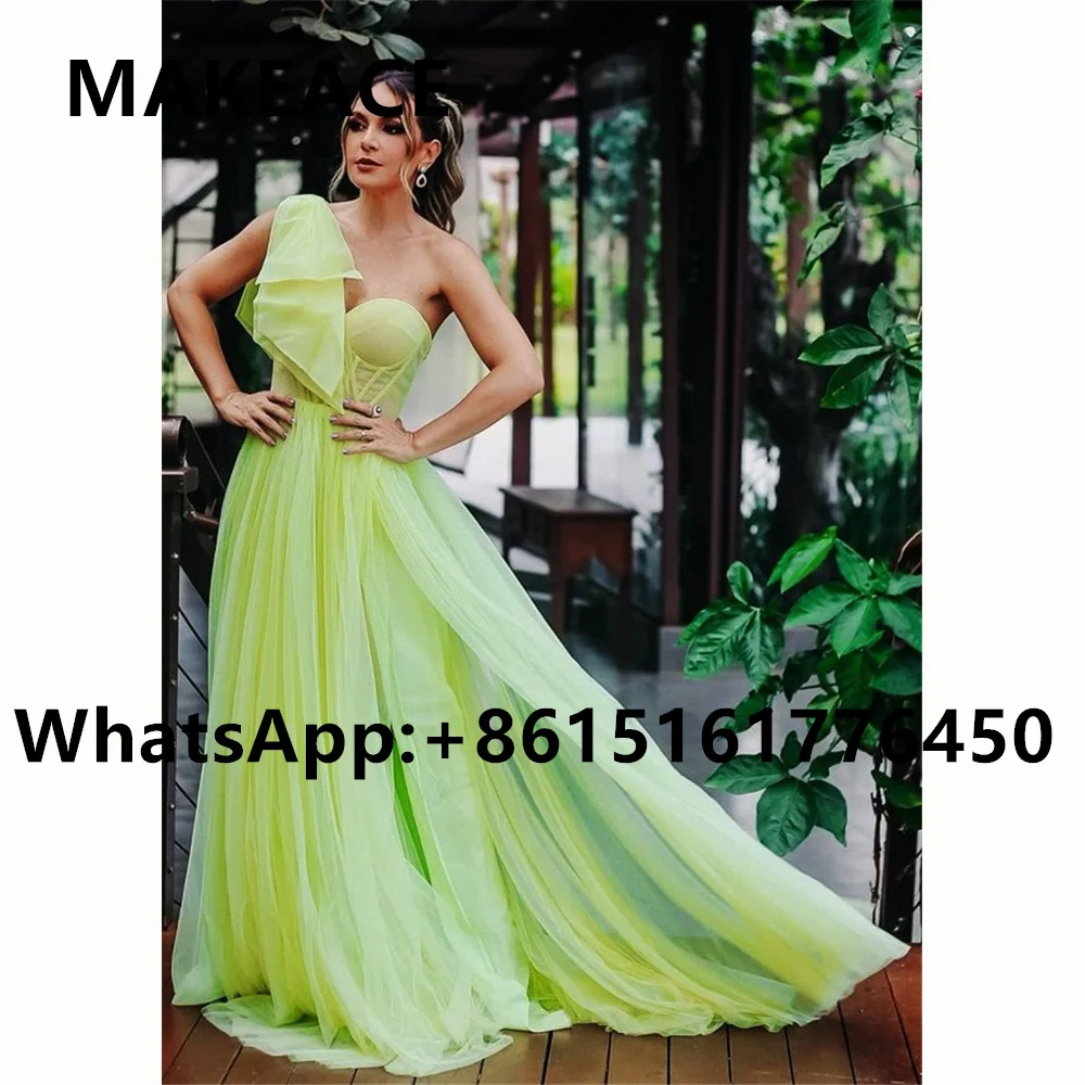 Gorgeous Light Green Tulle Long Prom Dresses Pleats One Shoulder Plus Size Women Party Gowns Tiered Evening Dress Customized