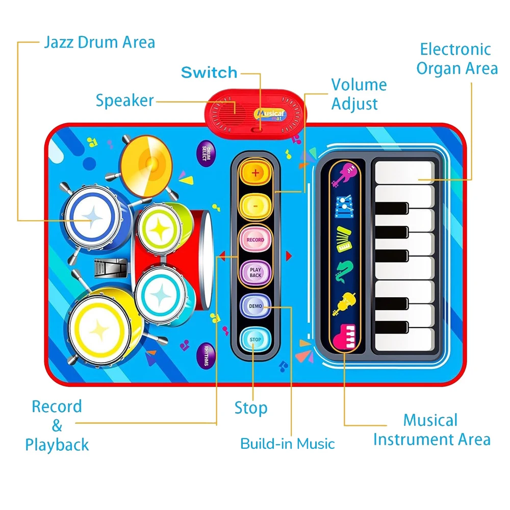 Kit de batería dos en uno para educación temprana de niños, manta musical, tambor de Jazz, almohadilla de Piano, juego de instrumentos musicales, juguetes para niños pequeños
