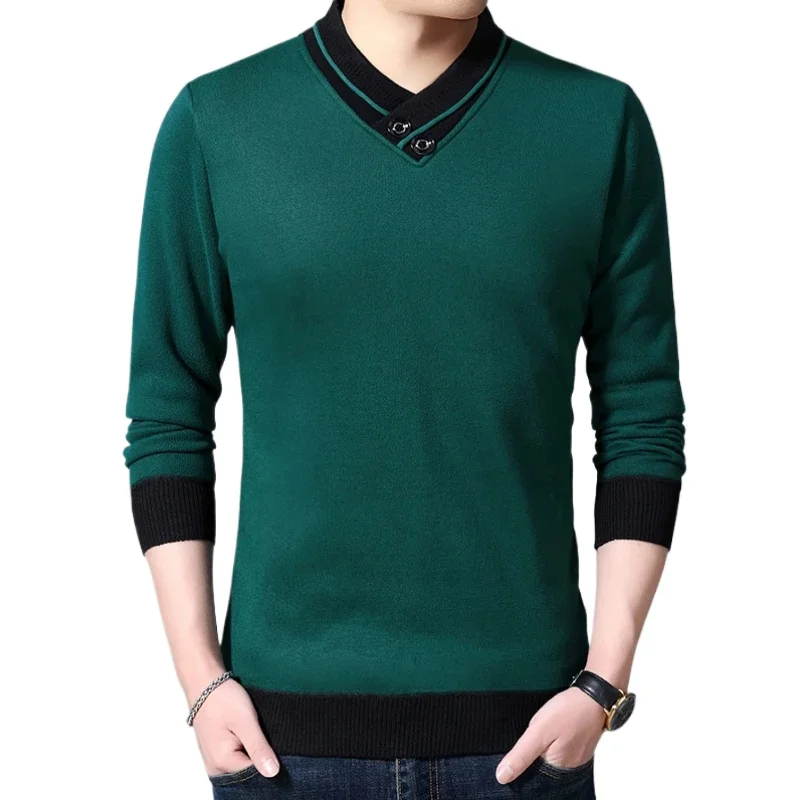 New Men's  Half Height V-neck Base Sweater, Casual Trend with Thick Velvet and Warm Knit Sweater