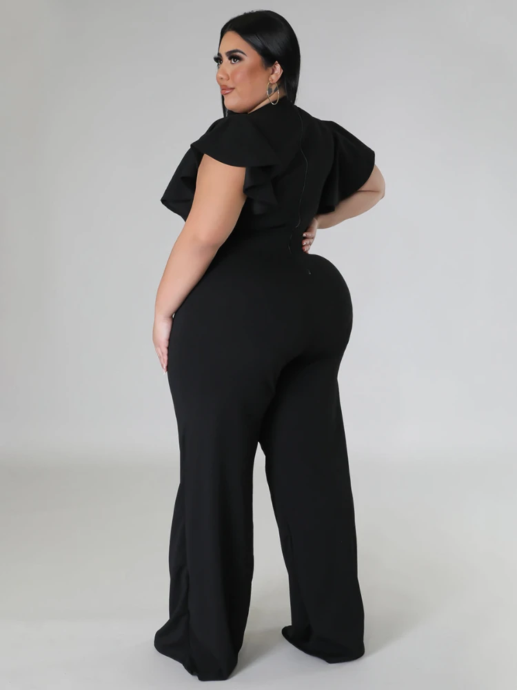 Plus Size Jumpsuits V Neck Short Ruffles High Waist Black White Package Hip Wide Leg Rompers Pants Overalls 4XL One Piece Outfit