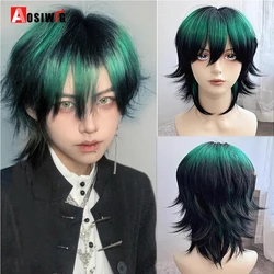 AOSIWIG kısa kıvırcık Cosplay erkekler Boy parti ışığı sarı sentetik isıya dayanıklı saç peruk erkek nefes peruk