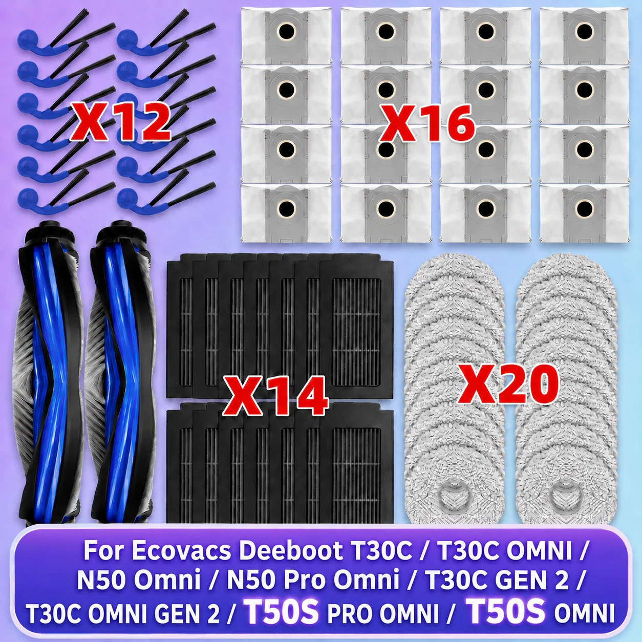 Para Ecovacs Deeboot T30C/T30C OMNI/T30C Prime Omni/T30C GEN 2/T30C OMNI GEN 2(Não T30C PRO/PRO OMNI), N50 OMNI/N50 Pro Omni, T50S PRO OMNI/ T50S OMNI Peças Escova Principal/Lateral Filtro Mop Saco de Pó