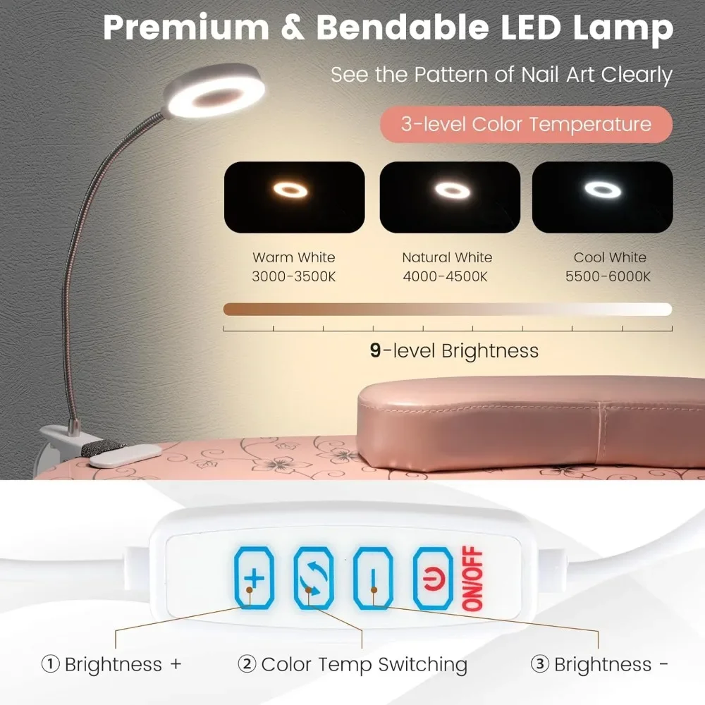 Nail Table for Nail Tech, Portable Manicure Table with Electric Dust Collector, USB-Plug LED Lamp, Wrist Rest, 4 Lockable Wheels