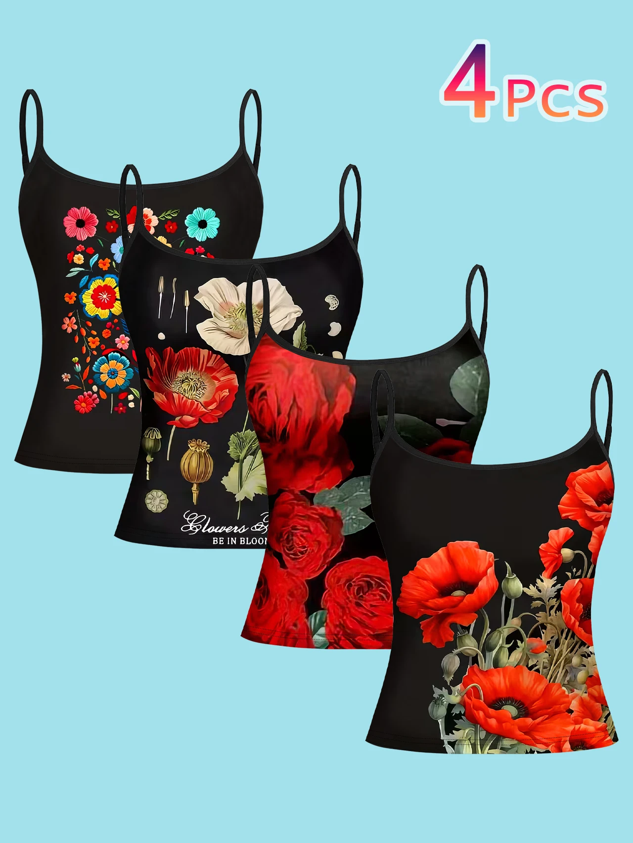Women's 4-Piece Printed Camisole Set with Ethnic Colorful Floral Clusters, Vintage Plant Illustration, Red Rose Floral Design, Large Red Poppy Flower Pattern, Slim-Fit, Flattering, Outerwear, Sleeveless Top