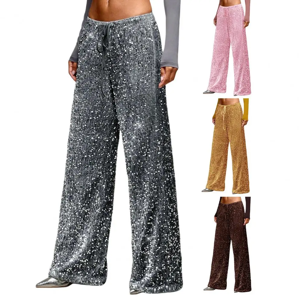 Pantalon à paillettes pour femmes, cordon de serrage, doux, élastique, taille basse, jambes larges, nouvelle dame, automne hiver, vêtements d'extérieur pour les déplacements, 2025