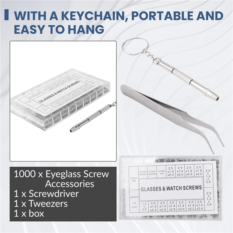 

AA21-1000 Pcs Glasses Screws Nut Assortment + 1 Pc Screwdriver + 1 Pc Tweezers, Glasses Repair Kit Screws For Glasses Optical Re