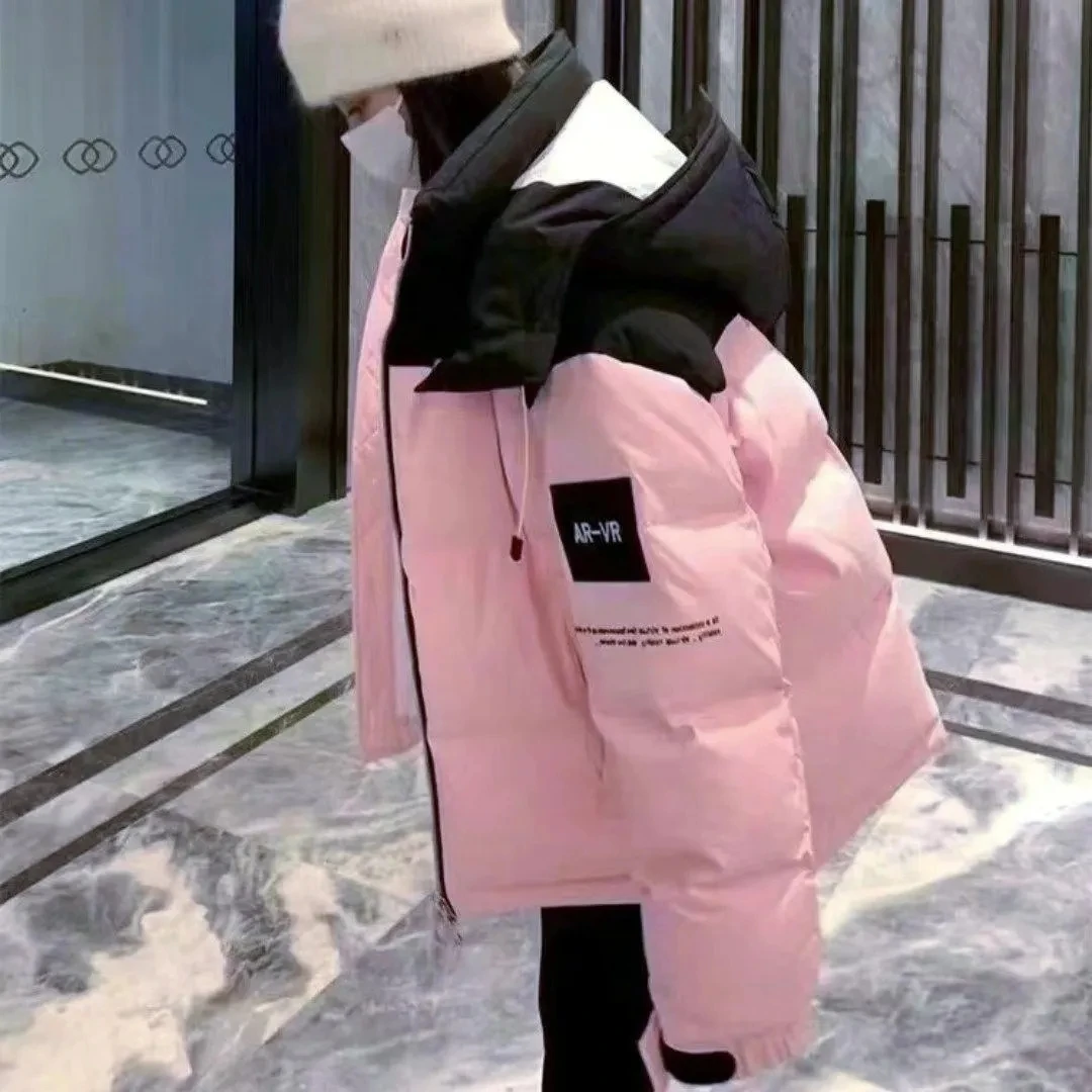 New Winter Down Cotton Jackets For Women Loose Streetwear Fashion Contrast Hooded Warm Parkas Pocket Tooling Jacket Coats