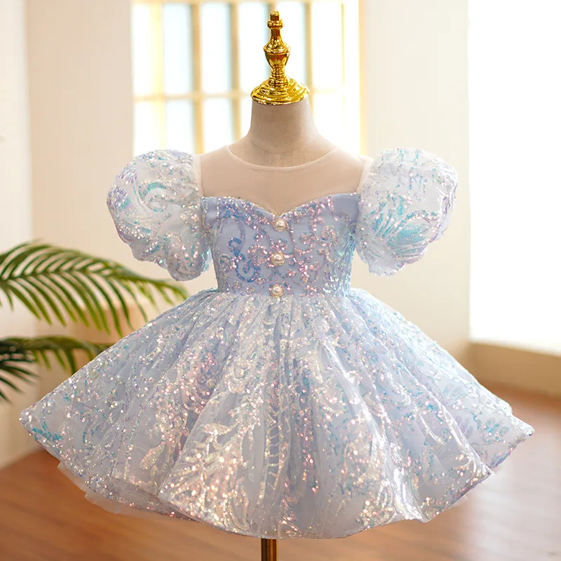 

Girls' Dress for 1-14 Year Blue Sequin Bow Ball Gown Elegant Piano Performance Dress Children's Host Flower Kid Princess Dress