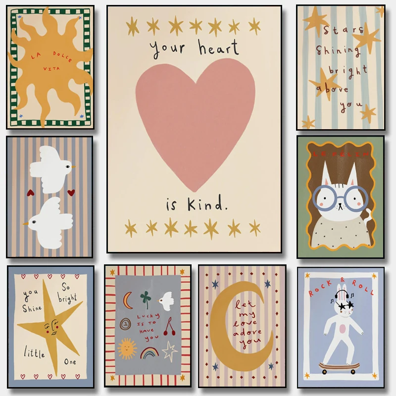 Bohemian Sun Moon Animal Cartoon Illustration Poster Prints Canvas Painting Wall Art Picture Living Kindergarten Room Home Decor