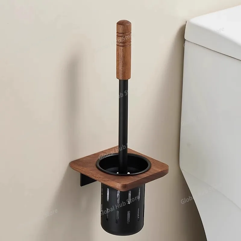Walnut Metal Toilet Brush Holder Wall Mounted No Dead Toilet Brush Long Handle Storage Rack Bathroom Shelf Bathroom Accessories