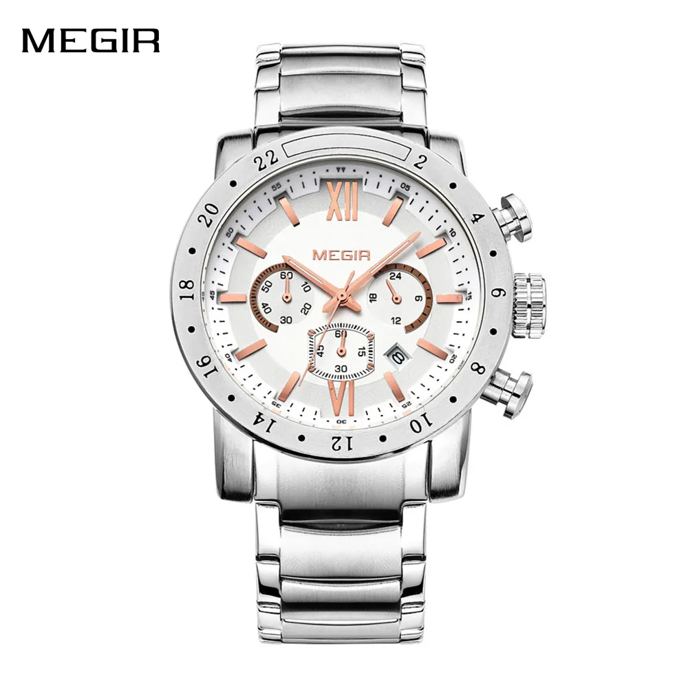 MEGIR Stainless Steel Casual Watches for Men Waterproof Luminous Dial Man Quartz Business Wristwatch with Chronograph Auto Date