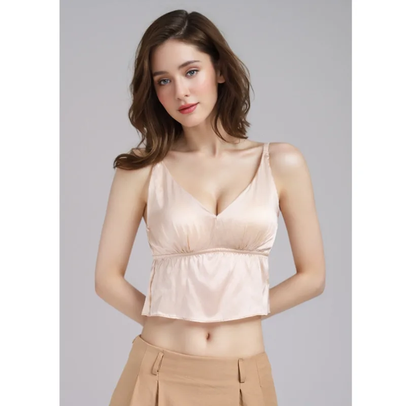 

Women Elastic Satin Silk Bras Summer 92% Silk V-neck Wire Free Thin Padded Bra Camisoles