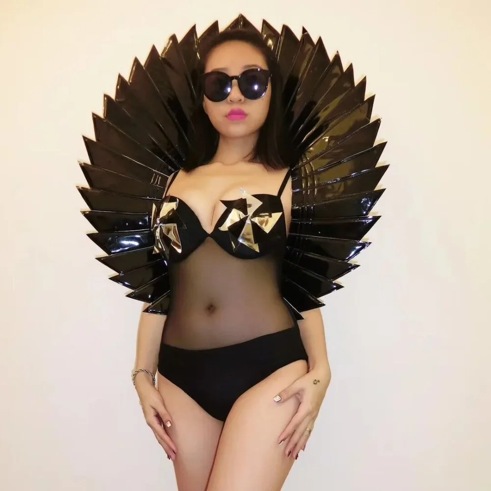 Wear Nightclub Bar Party Models Catwalk Performance Costumes Silver Black Red Reflective Wing Backplane Accessories Women Stage