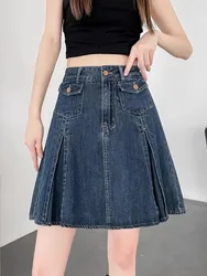 Retro Blue Denim Pleated Skirt For Women 2024 Summer Preppy Style High Waist A-Line Mini Skort Hot Girl Short Jean Skirt