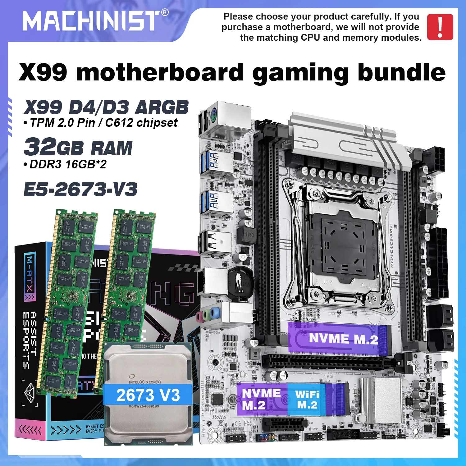 MACHINIST X99 C612 Chip Motherboard TPM2.0 LGA 2011-3 kit Xeon 2673 V3 CPU DDR3 2x16gb RAM 2*NVME M.2 M-ATX 3xARGB X99M D4/D3