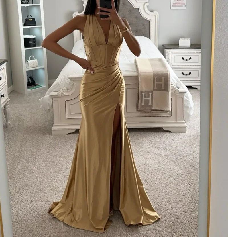 

Slim Waist Designed Silk Evening Long Dresses for Women New Chic Halter Party Gowns Elegant Simple Solid Vestidos Noche