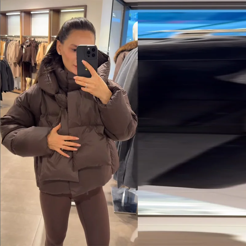 Women Fashion Detachable Hood Short Cotton Jackets Long Sleeved Brown Warm Thick Coat 2025 Winter New Lady High Street Outwear