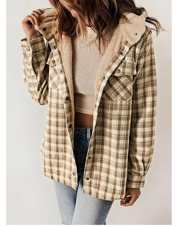 

Winter Tops Woman 2024 Womens Plaid Shacket Jacket Long Sleeve Button Down Fleece Hooded Jackets Warm Coat Abrigos De Mujer