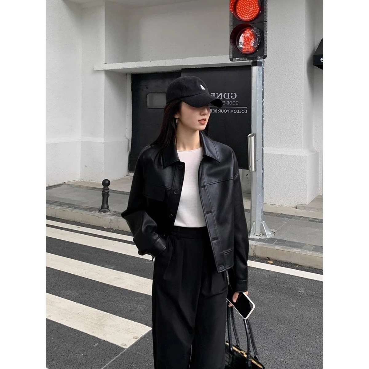 Women's Biker Style Loose Long Sleeve Leather Jacket Spring Autumn Korean Version Short Size Small High End Feeling Coat