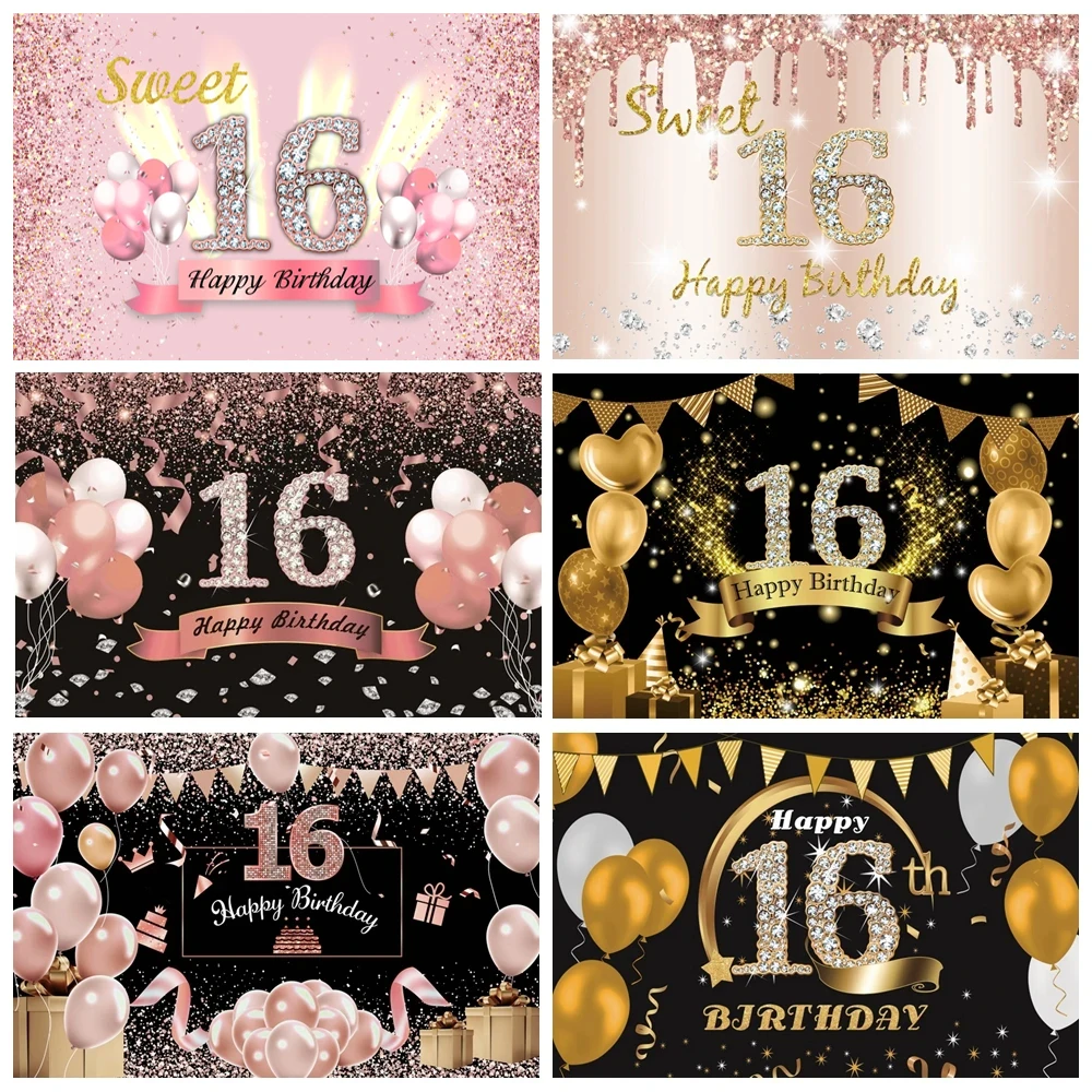 

Sweet Pink 16th Birthday Party Backdrop Sparkling Diamond Glitter Balloon Cheers to Sixteen Years Old Background for Photography