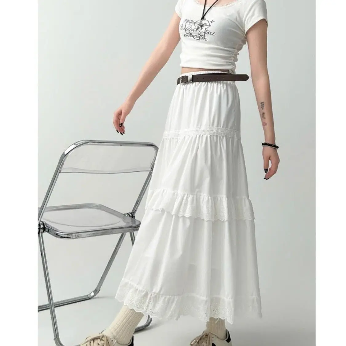 

Белая кружевная повседневная свободная юбка с высокой талией, с отделкой, стройнящая, А-силуэт, длинная, для офиса, в корейском стиле, из полиэфирного волокна