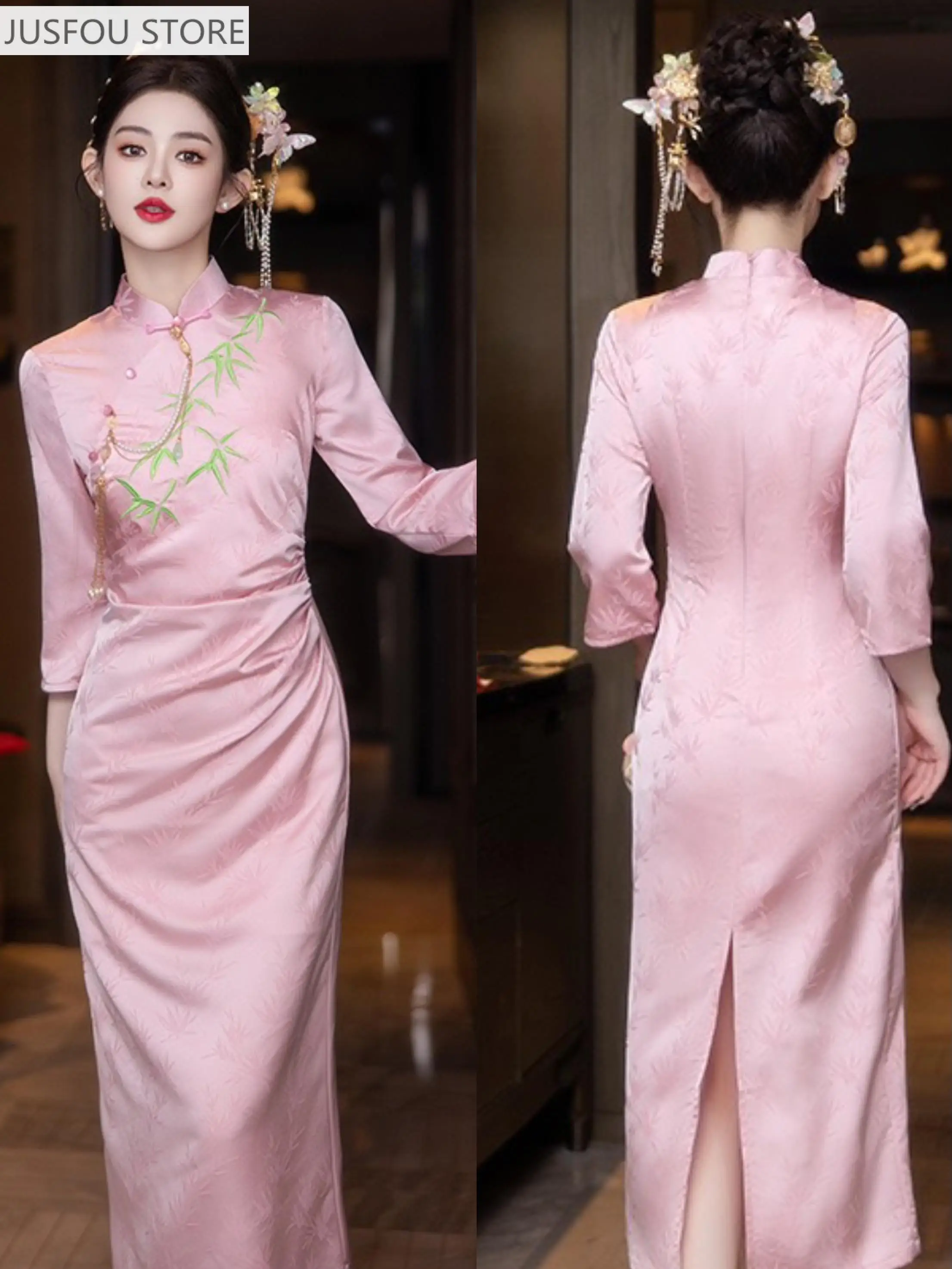 

New Chinese Style Improved Dresses Wedding Banquet Gown Improved Cheongsams Elegant Satin Qipao Women Long Vestidos