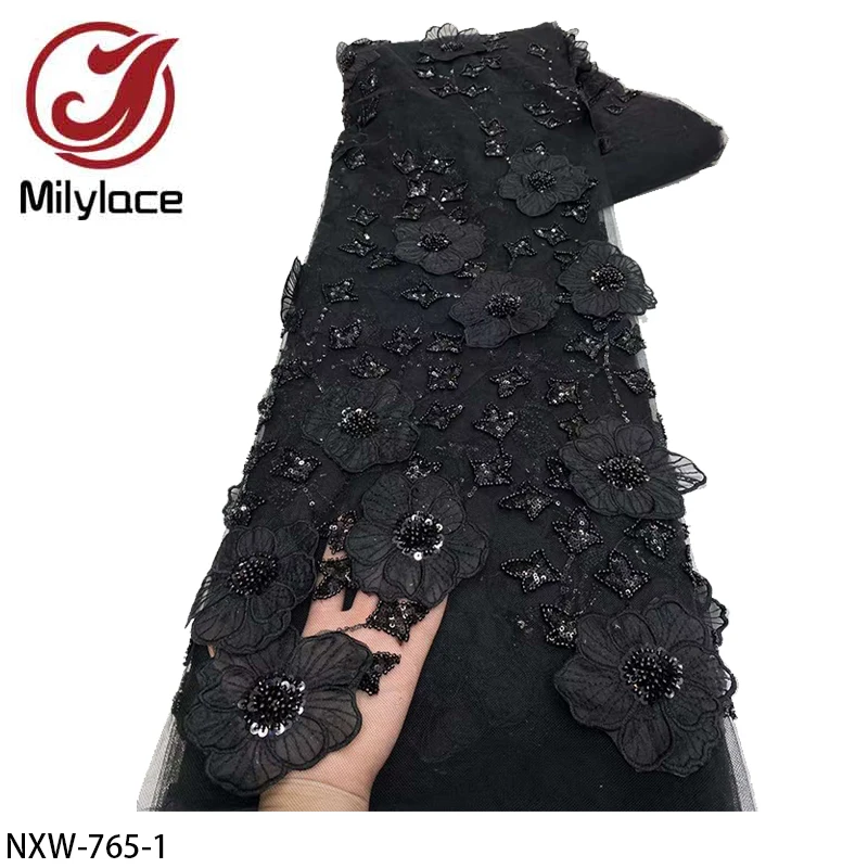 

African Lace Fabric 3D Beaded Tulle Lace Fabric Embroidered Flower Nigerian Fabric for Sewing NXW-765