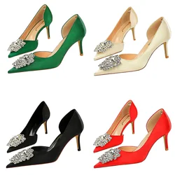 Women Luxury 7cm 10.5cm High Heels Wedding Bridal Pumps Lady Comfortable Party Low Heels Sparkly Rhinestone Red Evening Shoes