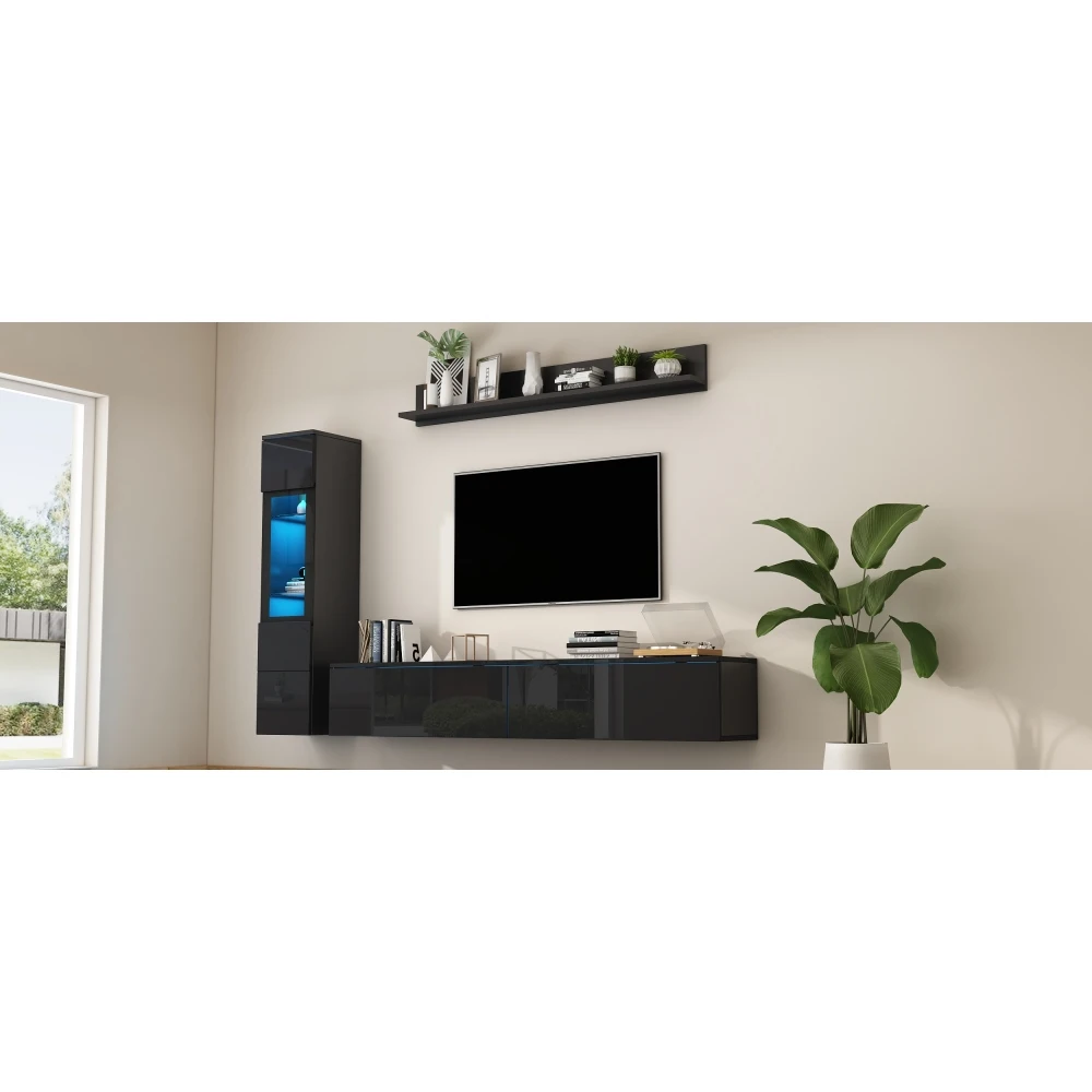 3-teiliges TV-Wohnzimmer-Wandset mit LED-Beleuchtung, Hochglanz-Möbelset, TV-Schrank, Vitrine und Hängeregal, für Fernseher bis zu 80 Zoll – Detail 11