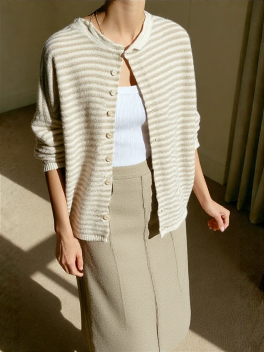 Women's Sweater Striped Button Down Cardigan Knit Tops Outerwear Casual Loose Long Sleeve Fall Tops Knitwear