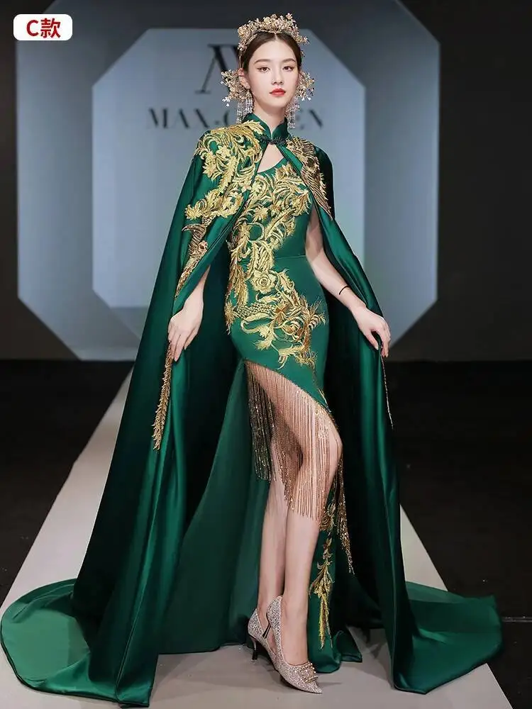 

Cheongsam, китайское шикарное платье в китайском стиле для подиума, длинная сценическая одежда, элитное платье для хозяев с атмосферой, женское зеленое платье Han Fu