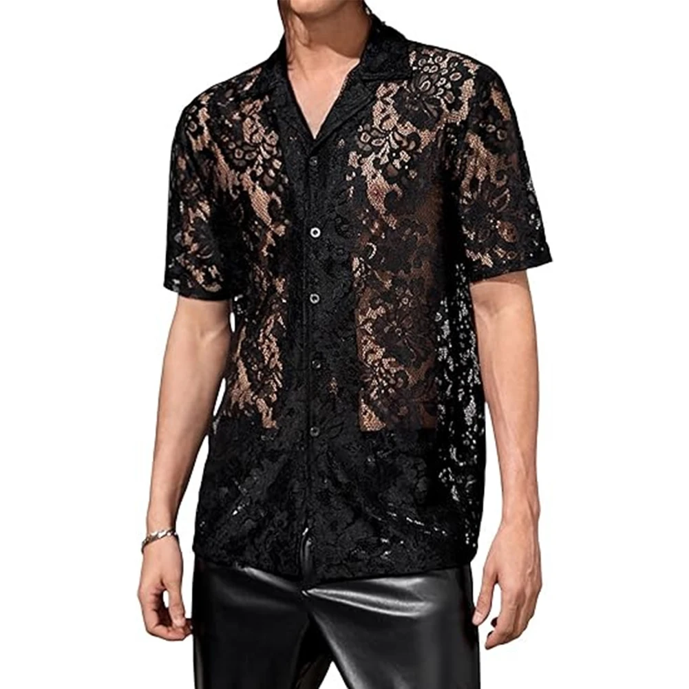 

Night Club Shirt Shirt Party Polyester See Through Sexy Shirt Brand New Short Sleeve Button Down Solid Color Comfy