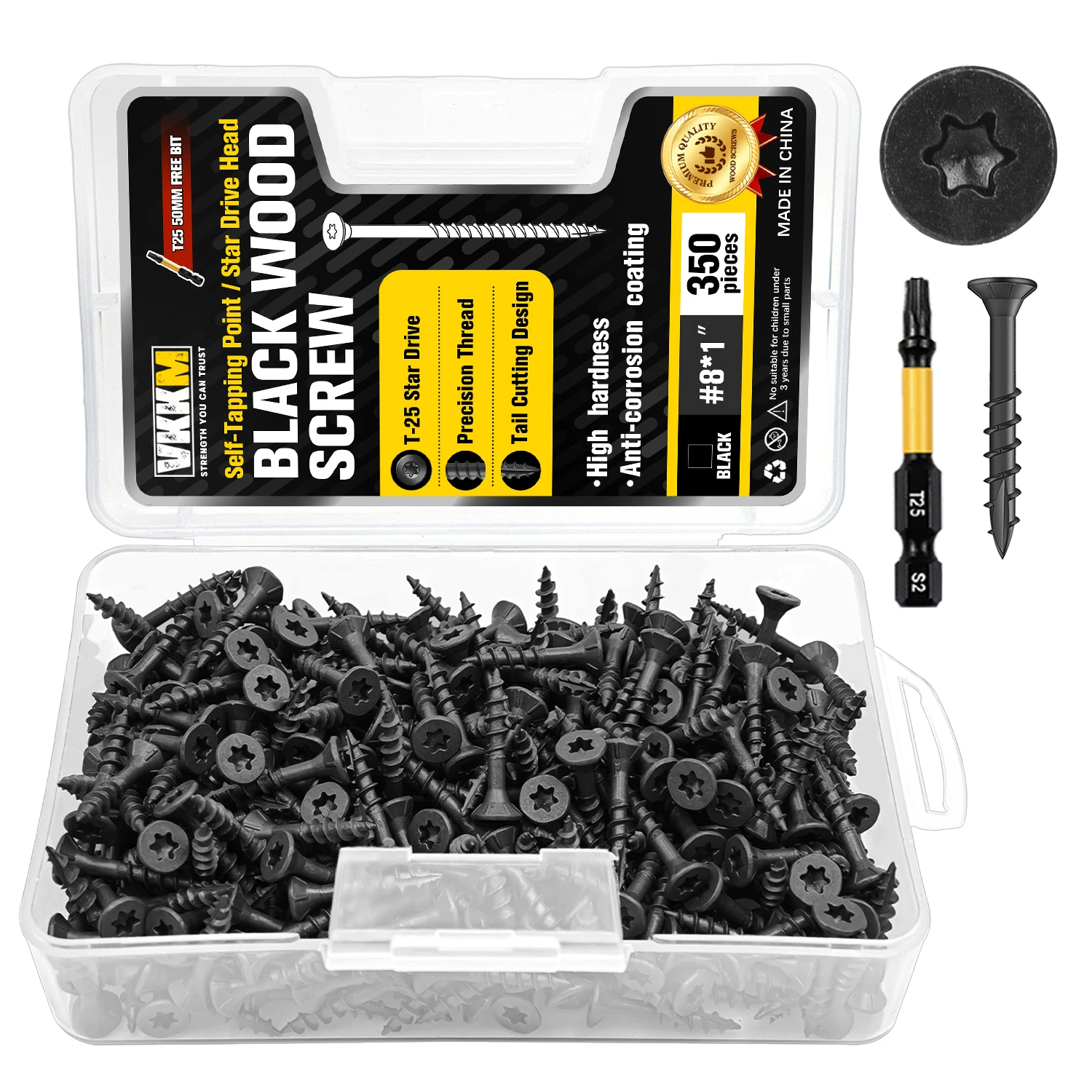 

Black Wood Screws #8×1" 350pcs T25 Torx Star Drive Self-Tapping Flat Head Anti-Corrosion No Pre-Drilling Prevents Wood Splitting with Free T25 Bit