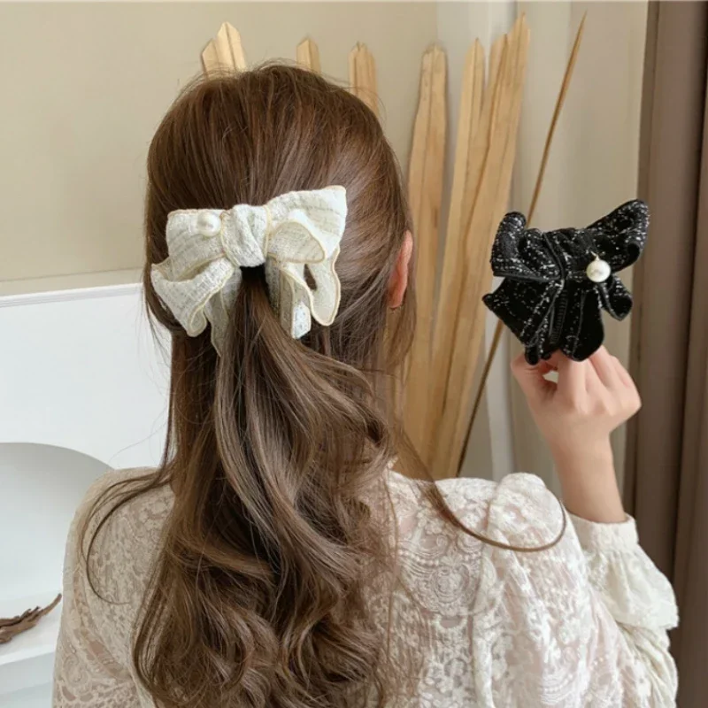 Korean Sweet Classic Plaid Bow Hairpins Pearl Bowknot Fabric Ribbon Banana Hair Clip Pins Hairgrips Hair Accessories for Women