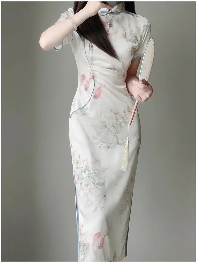 Women Sweet Beige Cheongsam Chinese Style Female Long Dress Vintage Slim Qipao Short Sleeve Evening Dresses for Summer S2590