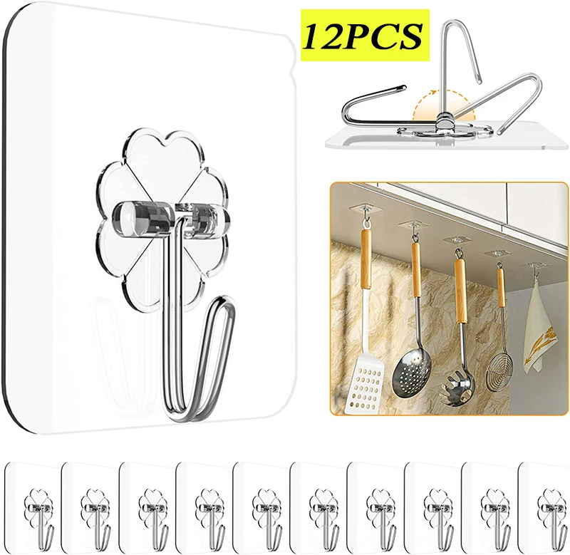 C5 12pc Adhesive Hooks Hanging Heavy Duty Wall Hook 13lb Sticky Hooks Waterproof Wall Hangers Without Nails For Kitchen Bathroom