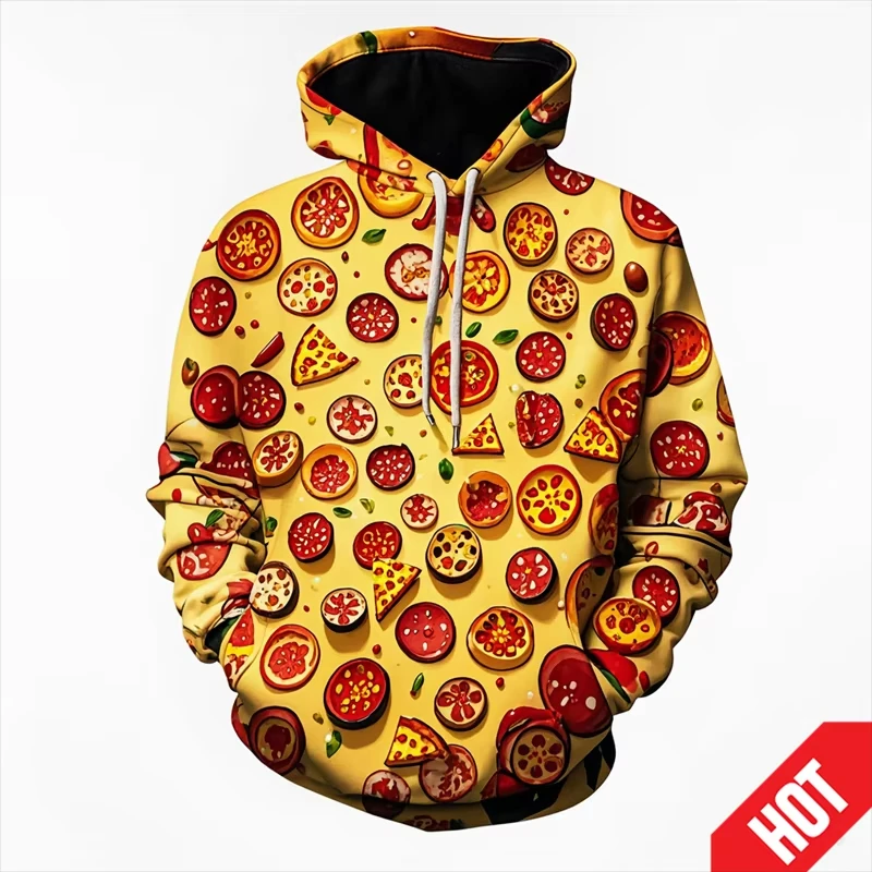 3d Print Pizza Hoodie Funny Men Clothes Delicious Food Pattern Drawstring Hooded Coat Personality Gift 2025 Spring Sweatshirt