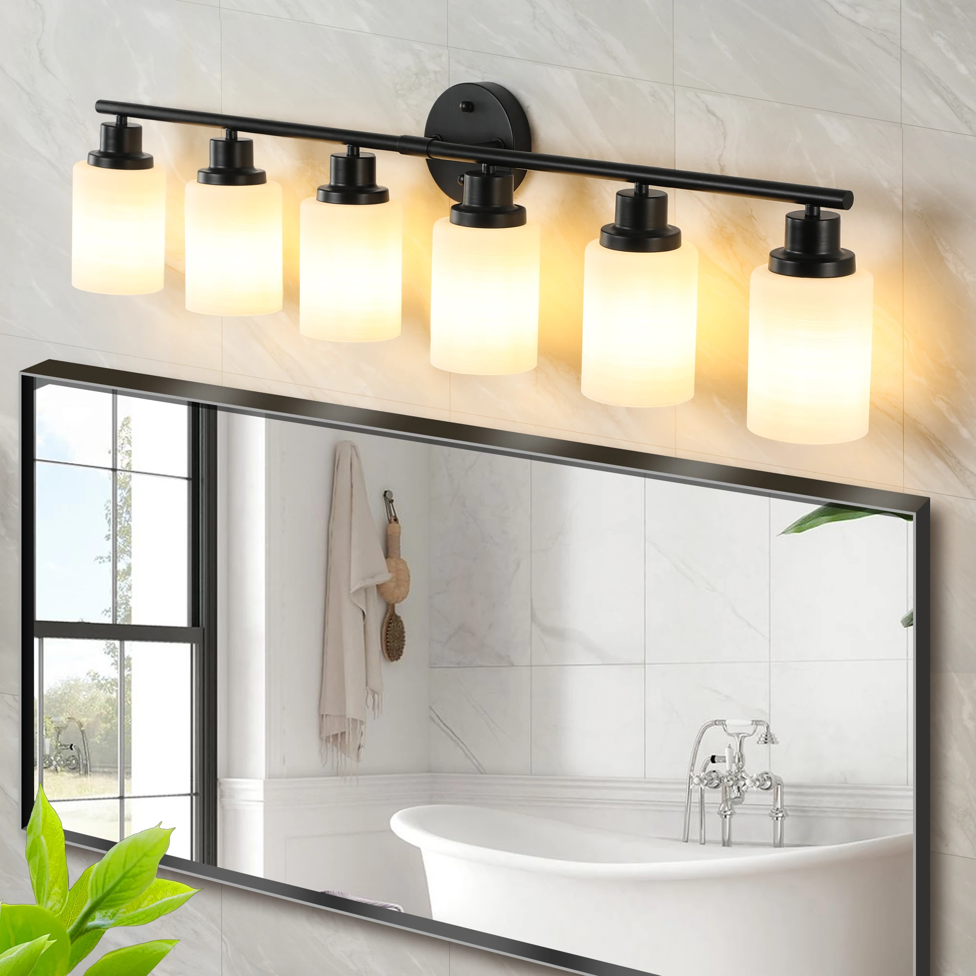 Casa de banho Vanity Mirror Wall Sconce, vidro branco fosco sombra, moldura de ferro preto, moderno quarto luz, 6 luzes